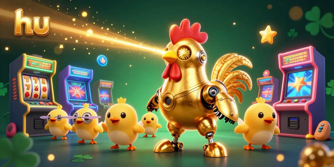 Engage in thrilling gaming at hu with a golden rooster robot and baby chick drones surrounded by arcade machines.