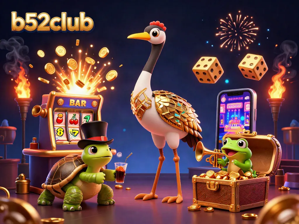 Experience excitement at b52club with colorful slot machines and engaging characters in a vibrant casino setting.