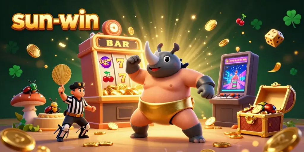 Sun-win featured an epic casino scene with a rhinoceros beetle sumo champion amidst a jackpot explosion of coins and light.