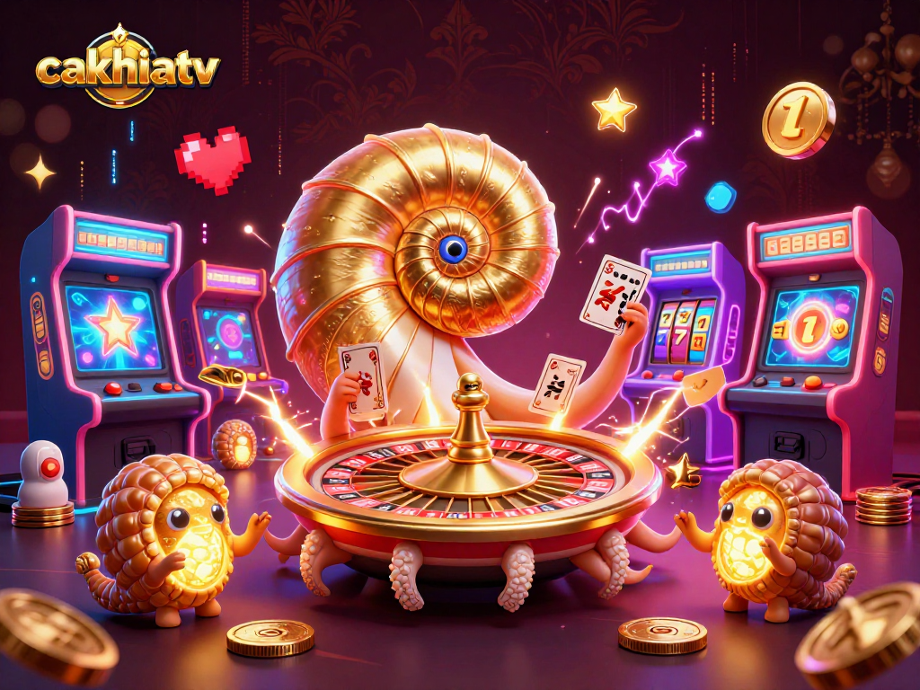 Engage with cakhiatv's immersive gaming world filled with vibrant 3D illustrations and casino elements.