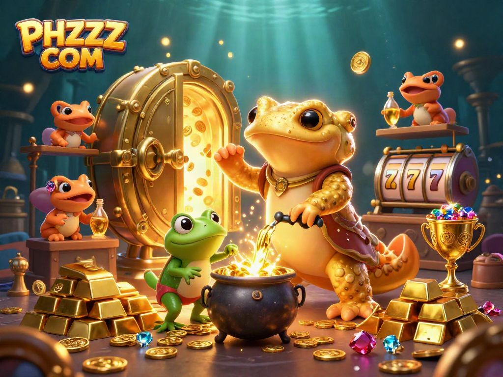 Win bonuses and jackpots with PHZZZ COM in this vibrant alchemist-themed casino scene.