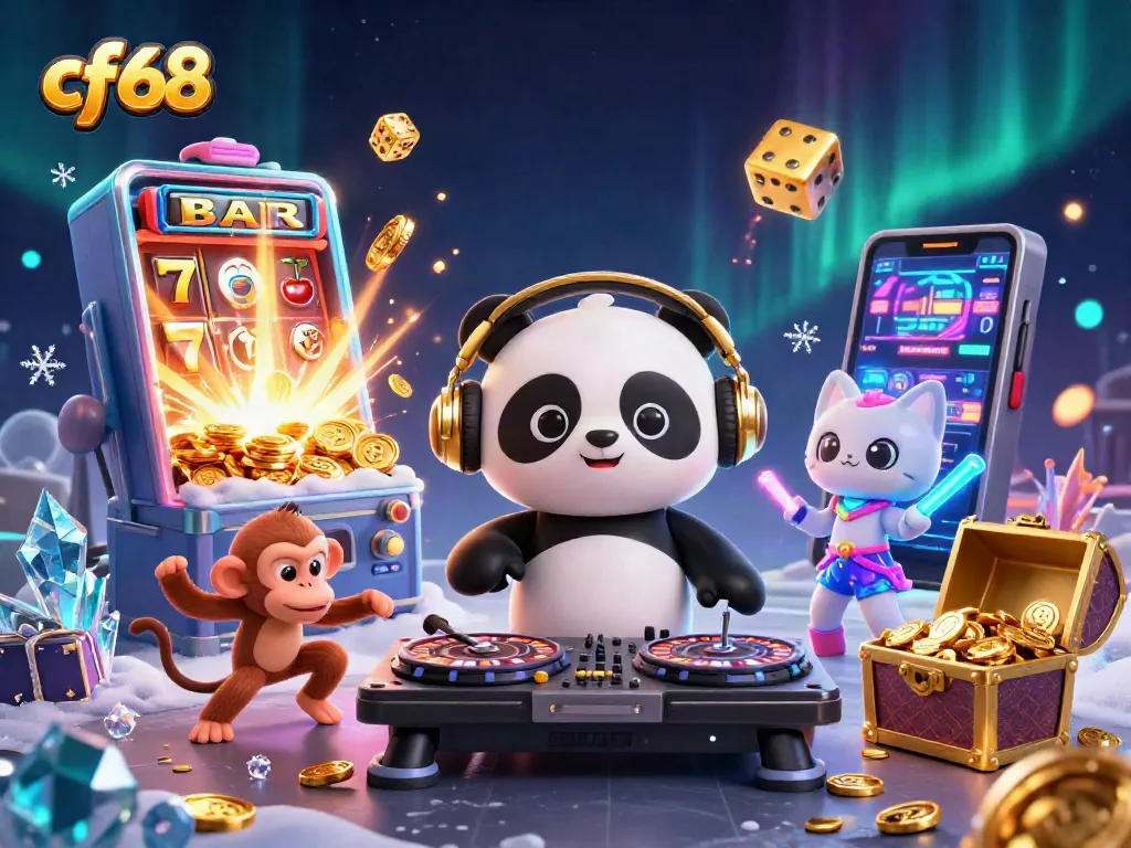 Experience exhilarating gameplay with cf68's vibrant 3D DJ panda and exciting slot machine scene.