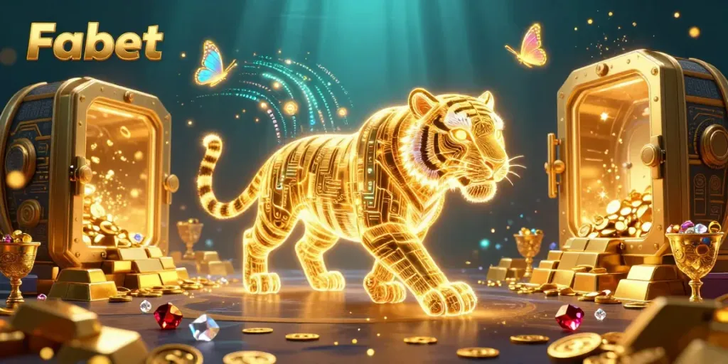 Experience the vibrant Fabet casino world with a golden tiger and dazzling treasures.