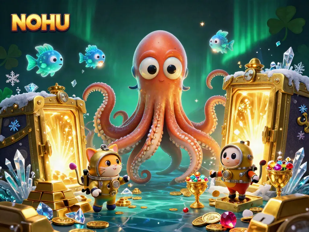 Engage in thrilling gaming at NOHU with a vibrant underwater treasure hunt featuring a kraken, a diving cat, and glowing fish.