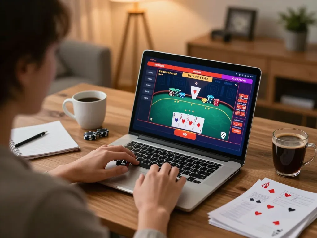 Engaging in online poker at home with yo88 casino app open, showcasing strategic gameplay.