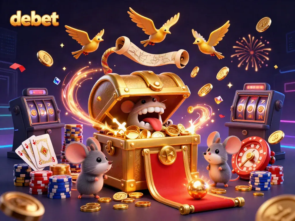 Experience the thrill of debet casino with treasure chests, golden coins, and exciting games