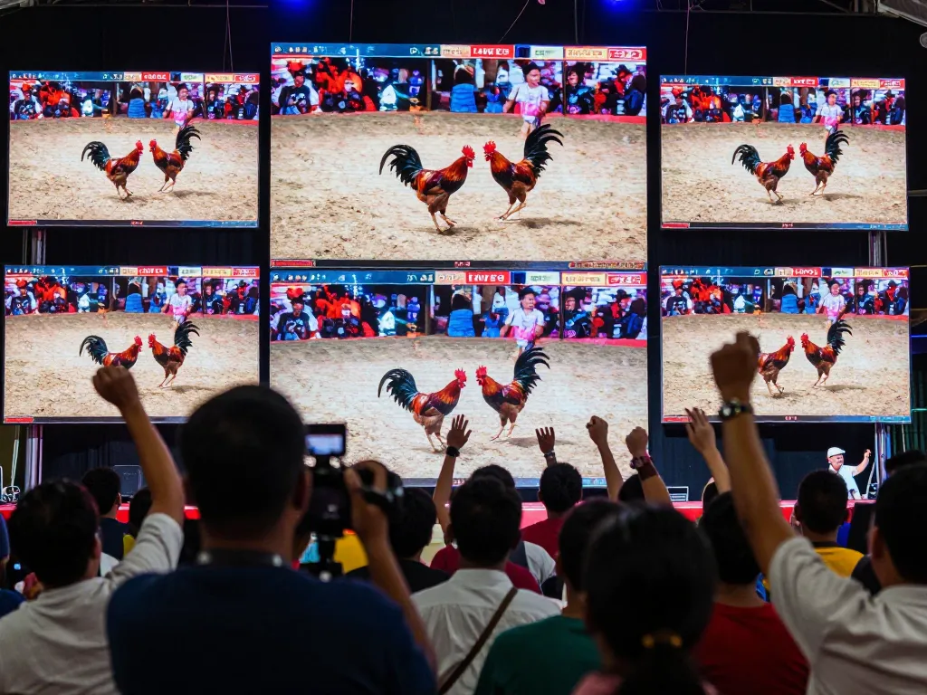 Watching đá gà trực tiếp on multiple screens, fans excitedly cheering during the intense fight.