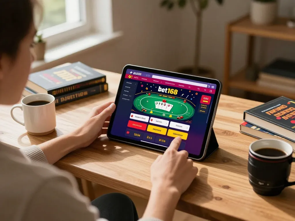 Gambling on bet168 with a tablet in a modern home office, showcasing responsible gaming.