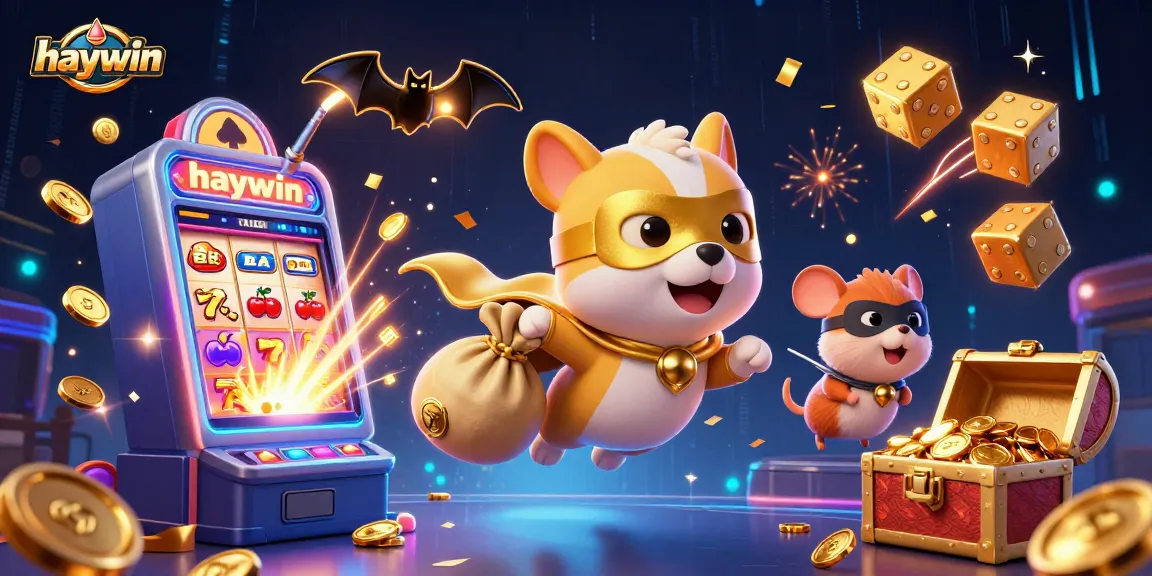 Haywin showcases a dynamic 3D scene of a superhero dog and hamster amidst casino elements, symbolizing excitement.
