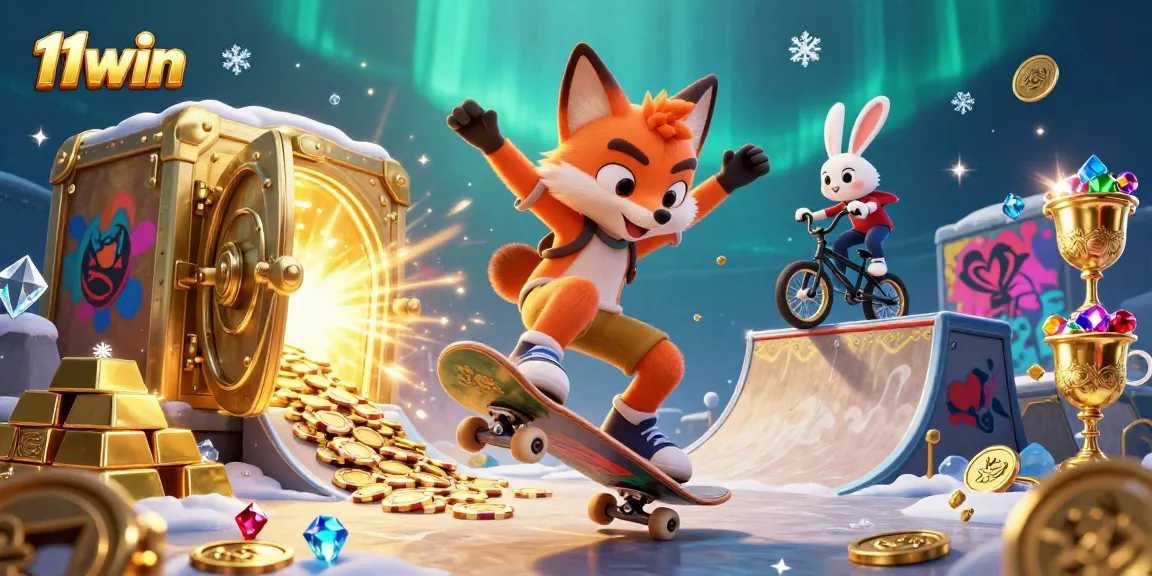 11win showcases a vibrant casino scene with a fox and rabbit engaging in thrilling gaming activities.