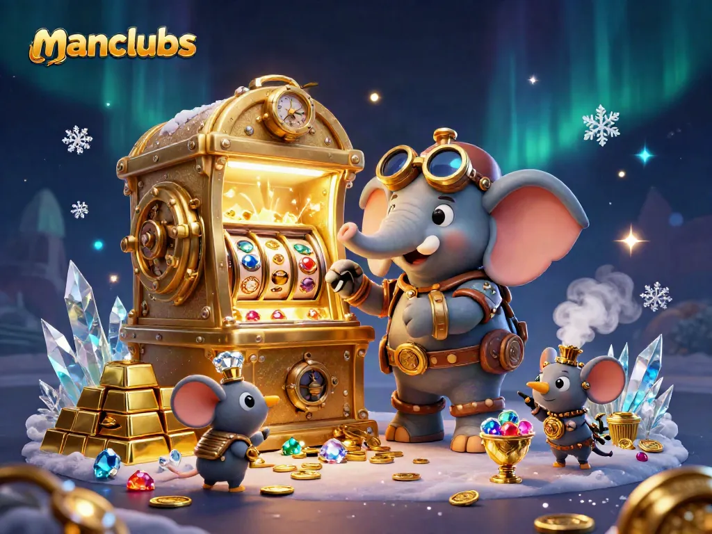 Experience thrilling jackpots with manclubs in this whimsical 3D casino scene featuring animated characters and vibrant treasures.