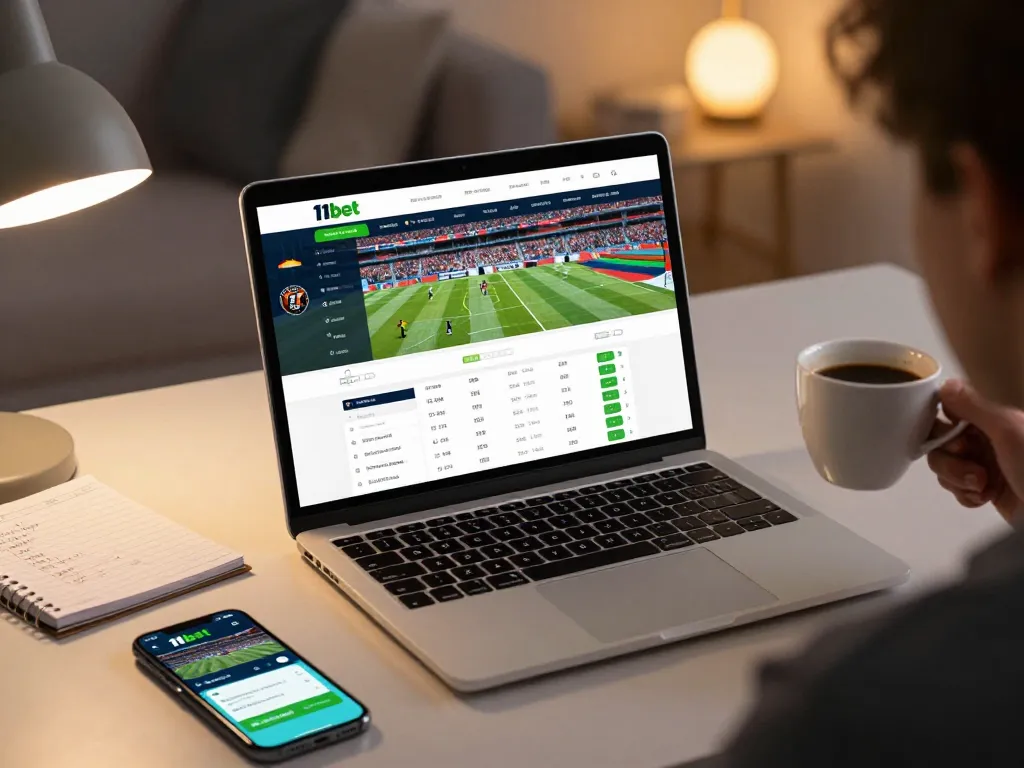 Engaging with 11bet's online sports betting platform on a laptop at home, showcasing live betting excitement.