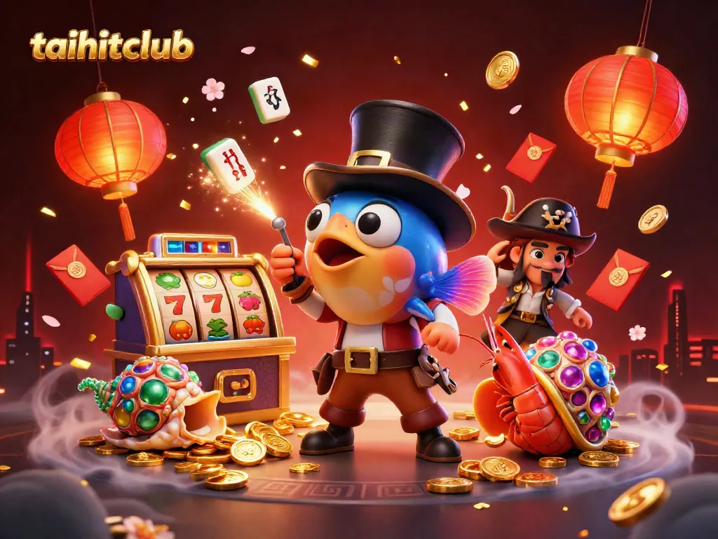 Engage with the excitement of taihitclub as a whimsical anglerfish attracts golden coins amidst casino-themed elements.