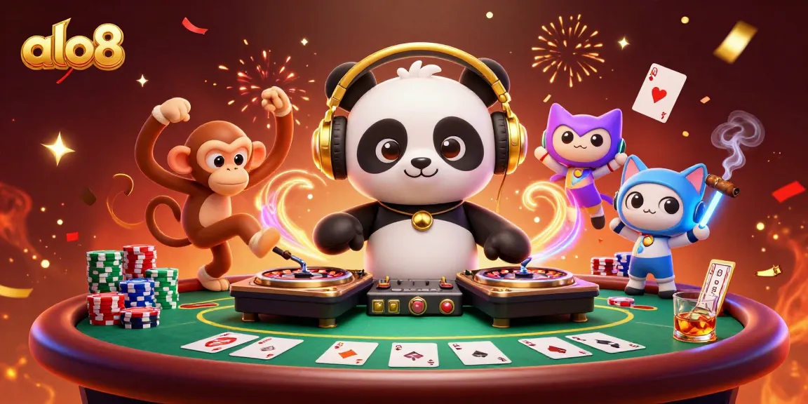 alo8 engages players with a vibrant casino scene featuring lively characters and poker elements.