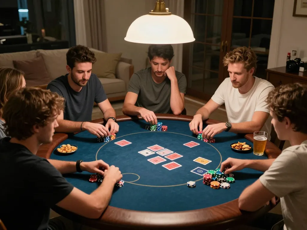Poker players strategizing at a home game night while enjoying the vic88 club experience