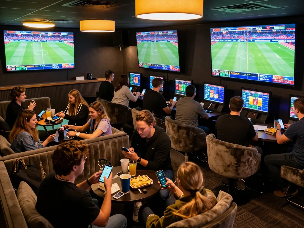 Excited players engage with Lucky 88 sports betting apps in a lively lounge atmosphere.
