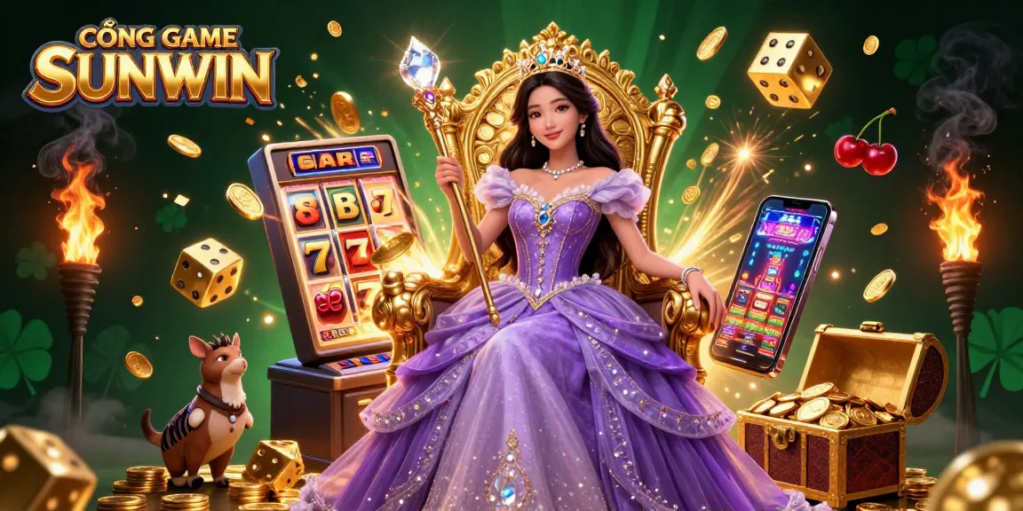 CỔNG GAME SUNWIN showcases vibrant casino excitement with a majestic Asian princess, slot machine, and sparkling treasures.