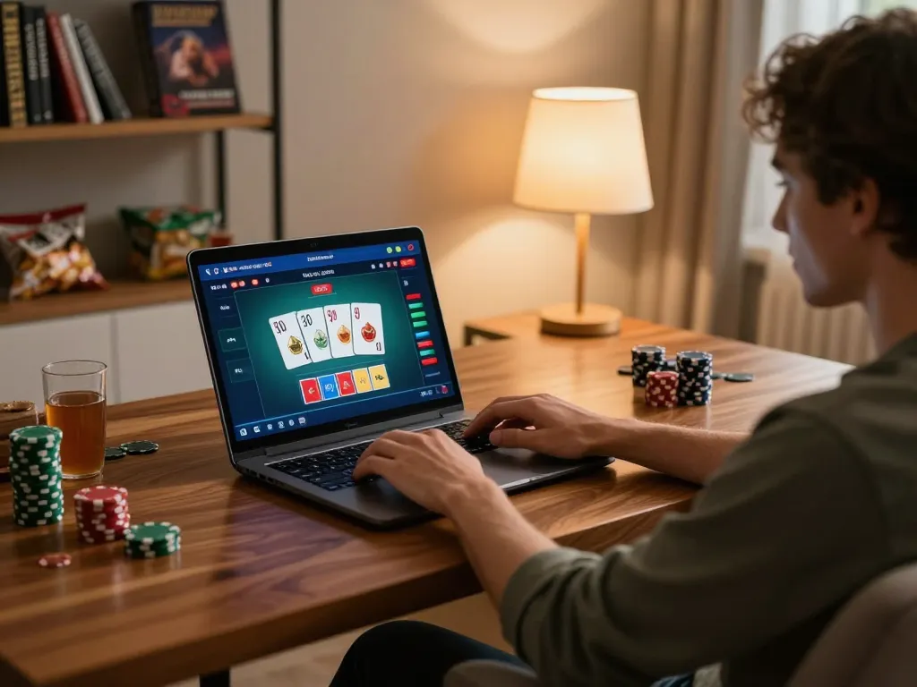Engaging home gaming session highlighting U88 online poker strategy with warm lighting and cozy atmosphere