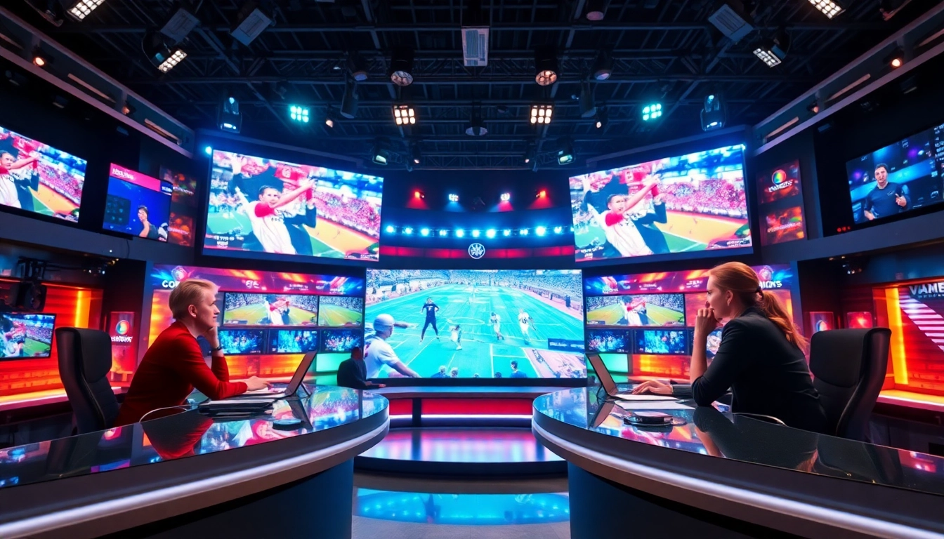 Captivating scene of sports broadcasting with vibrant hosts and screens showcasing live events.