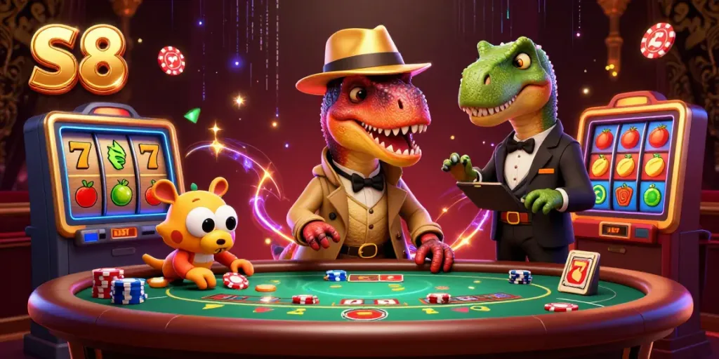 S8 casino scene with a velociraptor card counter, stegosaurus pit boss, and playful compy engaging in a lively slot game, packed with rich imagery.