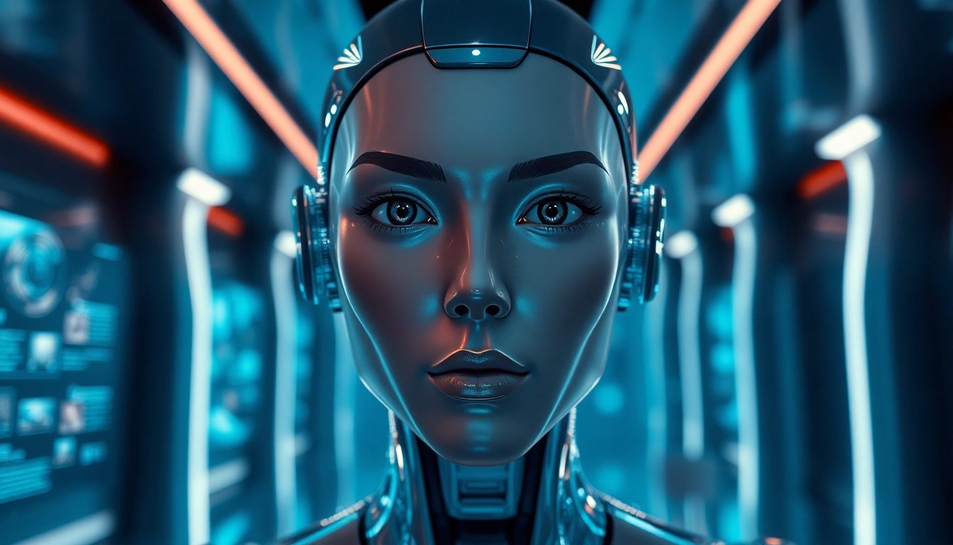 Advanced sex bot in a modern, inviting setting, showcasing AI features and lifelike expressions.