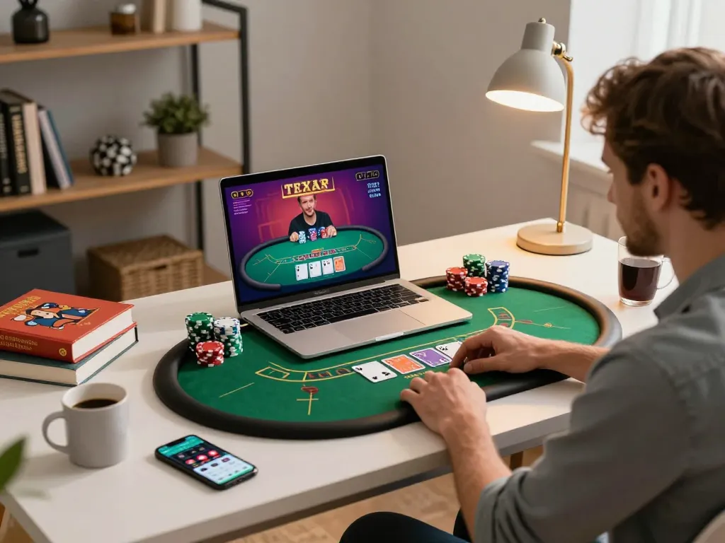 Engaged player betting on 388bet poker game displayed on laptop in a cozy home office.