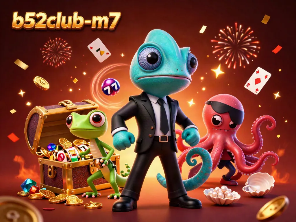Experience excitement with b52club-m7 characters in a dynamic casino scene of vibrant slots and treasures.