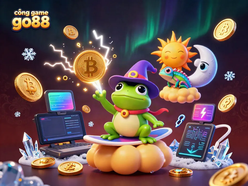 Experience the vibrant energy of cổng game go88 with charismatic characters amidst golden coins and crypto elements.
