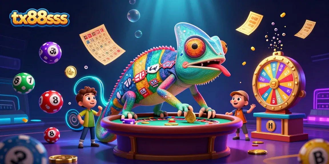 Experience the dynamic world of tx88sss with a lively chameleon casino owner amidst colorful lottery action.