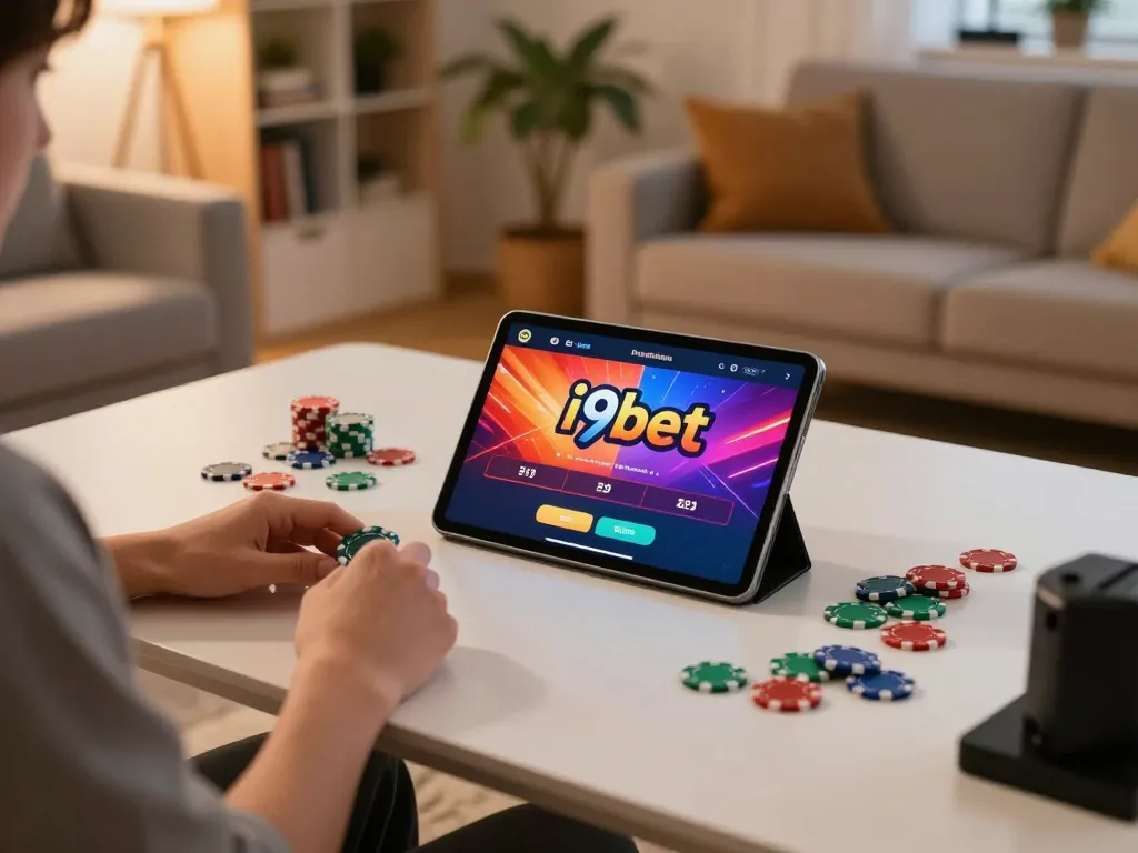 Person enjoying the i9bet casino app on a tablet in a cozy home setting with vibrant gaming atmosphere.