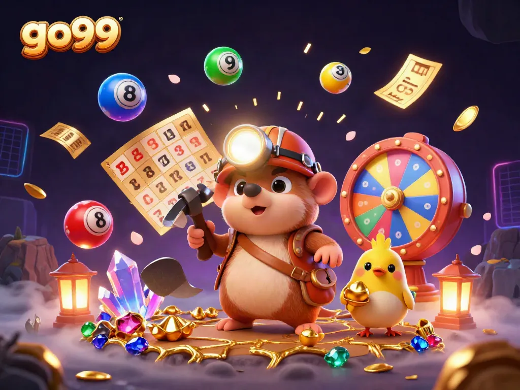 Balance your luck with go99 in a vibrant 3D illustration showcasing lottery elements and golden treasures.