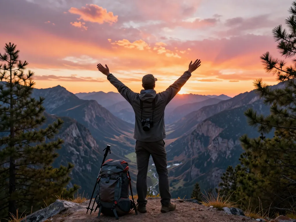 Traveler at a mountain viewpoint during sunset, embodying the spirit of adventure with Fly88.