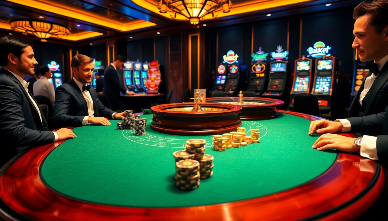 Exciting poker game at 8KBET casino table with vibrant chips and roulette wheel.