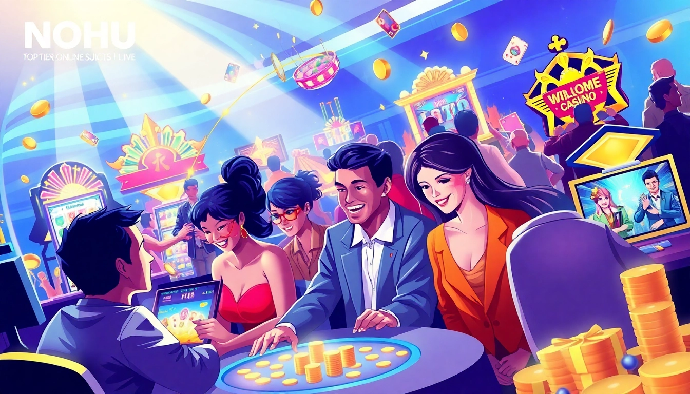 NOHU online gaming scene with diverse players enjoying slots and poker, showcasing a vibrant and luxurious atmosphere.