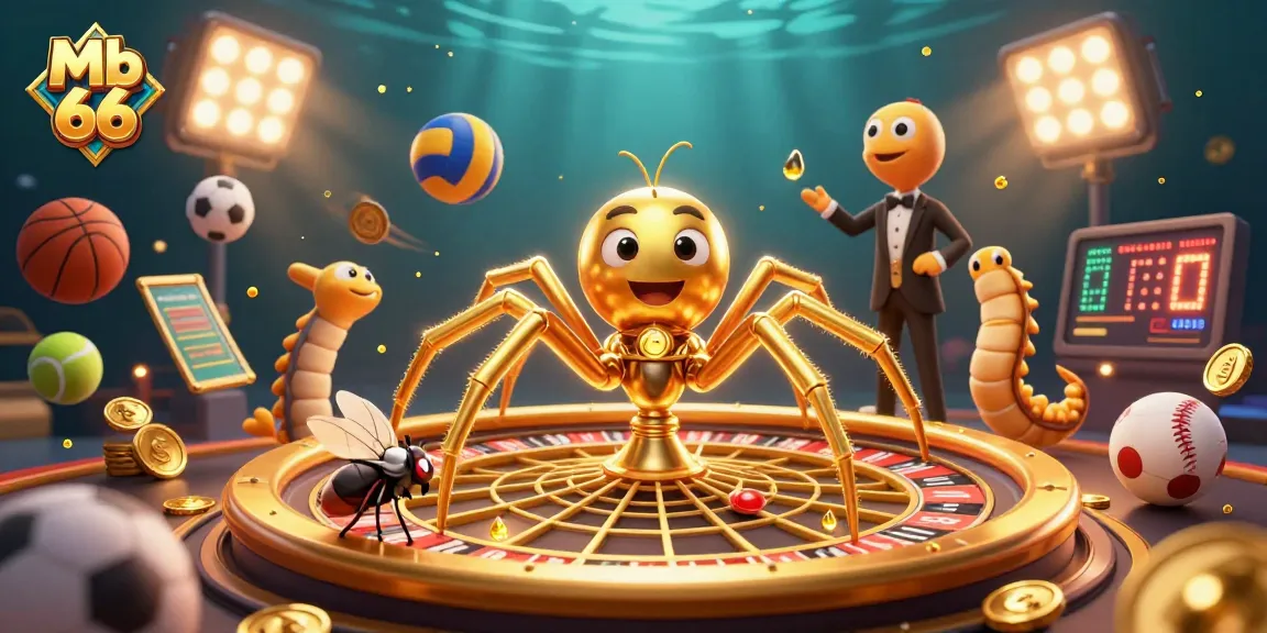 Experience thrilling bets at Mb 66 with a dynamic casino-themed 3D illustration featuring a spider and croupier.