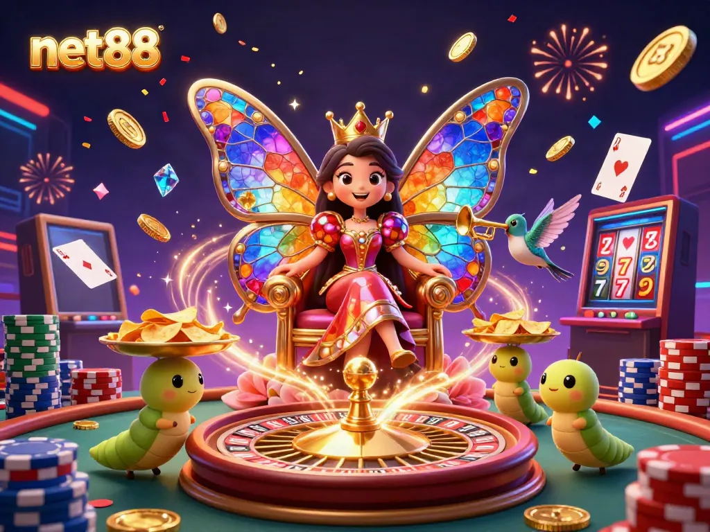 Experience the vibrant net88 casino atmosphere with a colorful butterfly queen, spinning roulette, and dazzling gold coins.