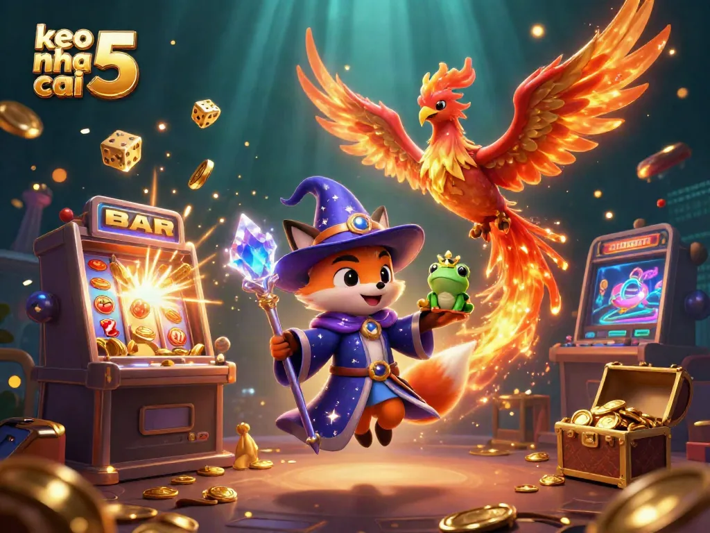 Experience excitement with "keo nha cai 5" featuring a mystical wizard fox in a lively casino scene.
