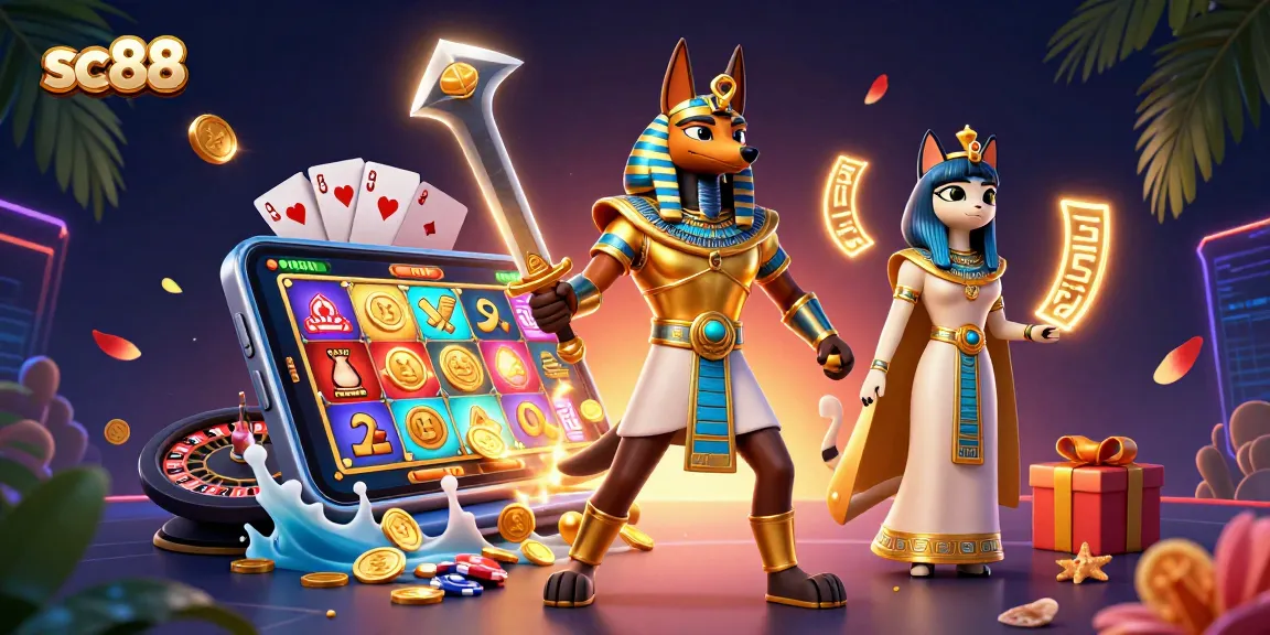 Experience thrilling sc88 gaming with Anubis and Bastet amidst vibrant slot elements.