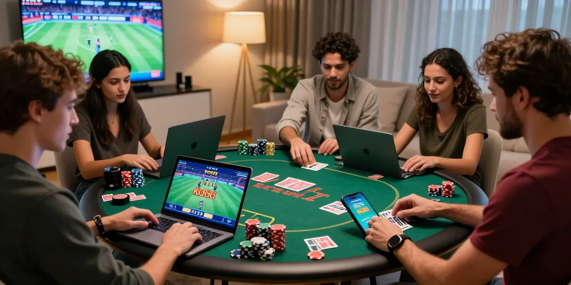 Friends enjoying an exciting gambling experience on KO66, showcasing modern gaming at home.