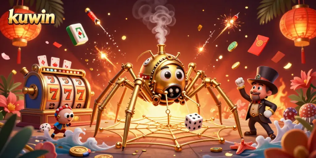 Experience the excitement of kuwin with golden spider and poker elements in this vibrant digital casino scene.