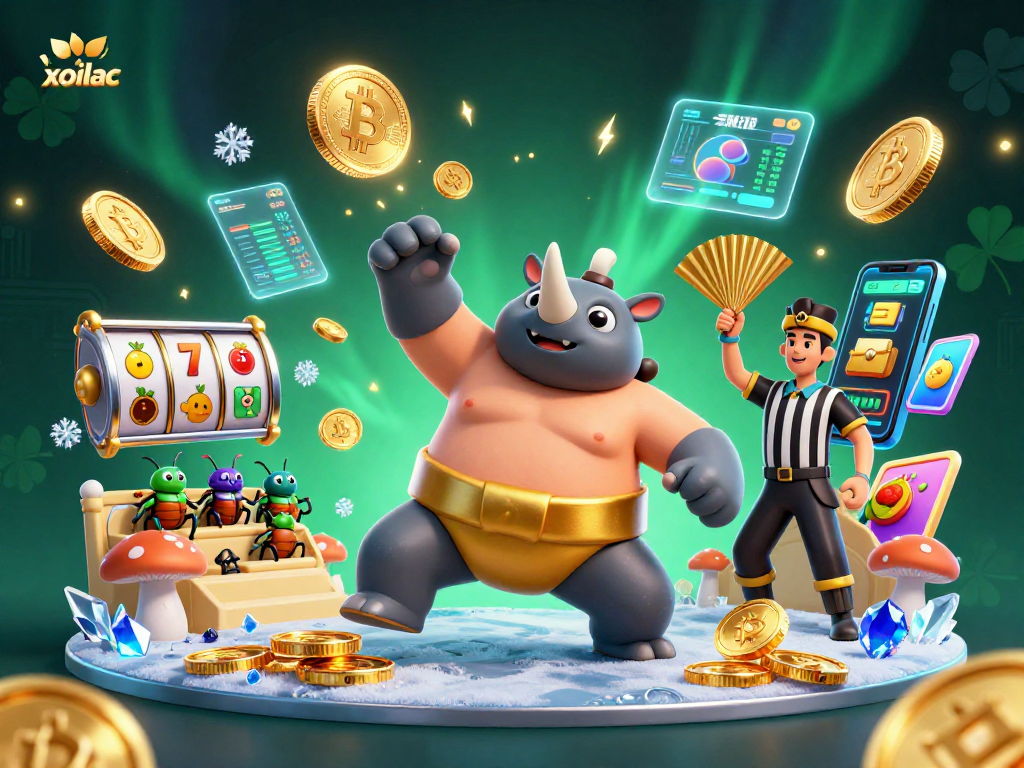 Join the thrilling action at xoilac with the sumo champion beetle amid golden coins and vibrant slot reels.