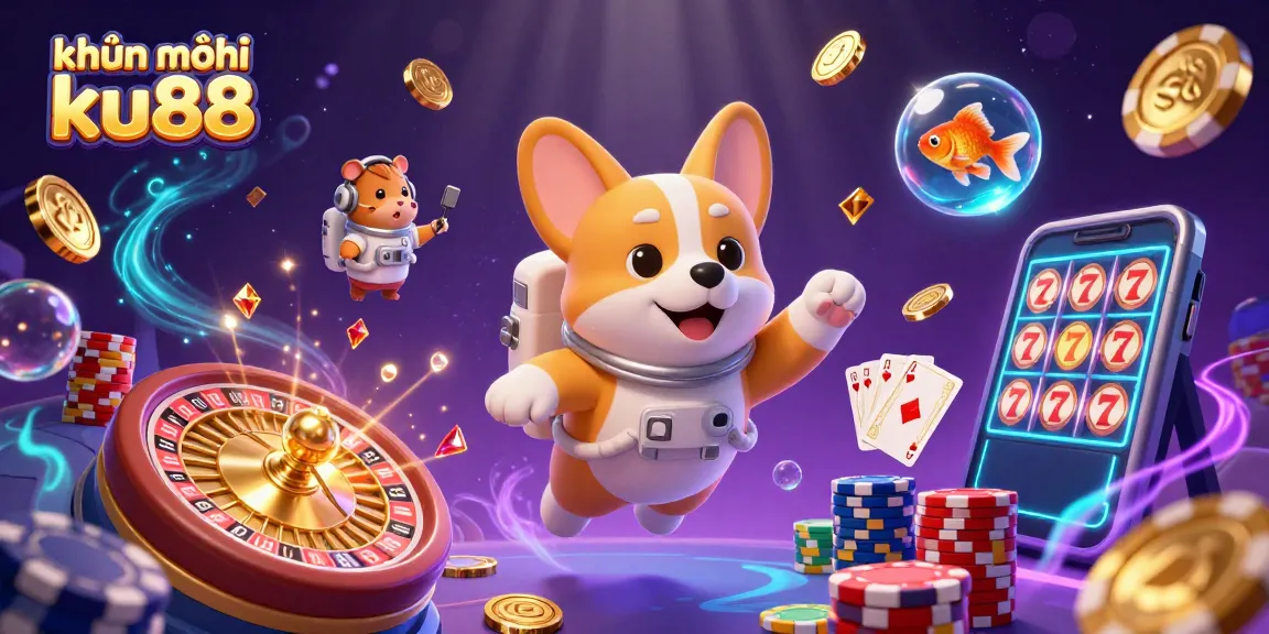 Engage with khuyến mãi ku88 while a cartoon astronaut corgi explores a zero-gravity casino environment.