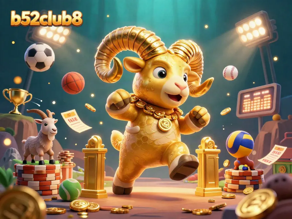 Engage in thrilling gameplay at b52club8 with a golden ram charging through a vibrant casino scene.