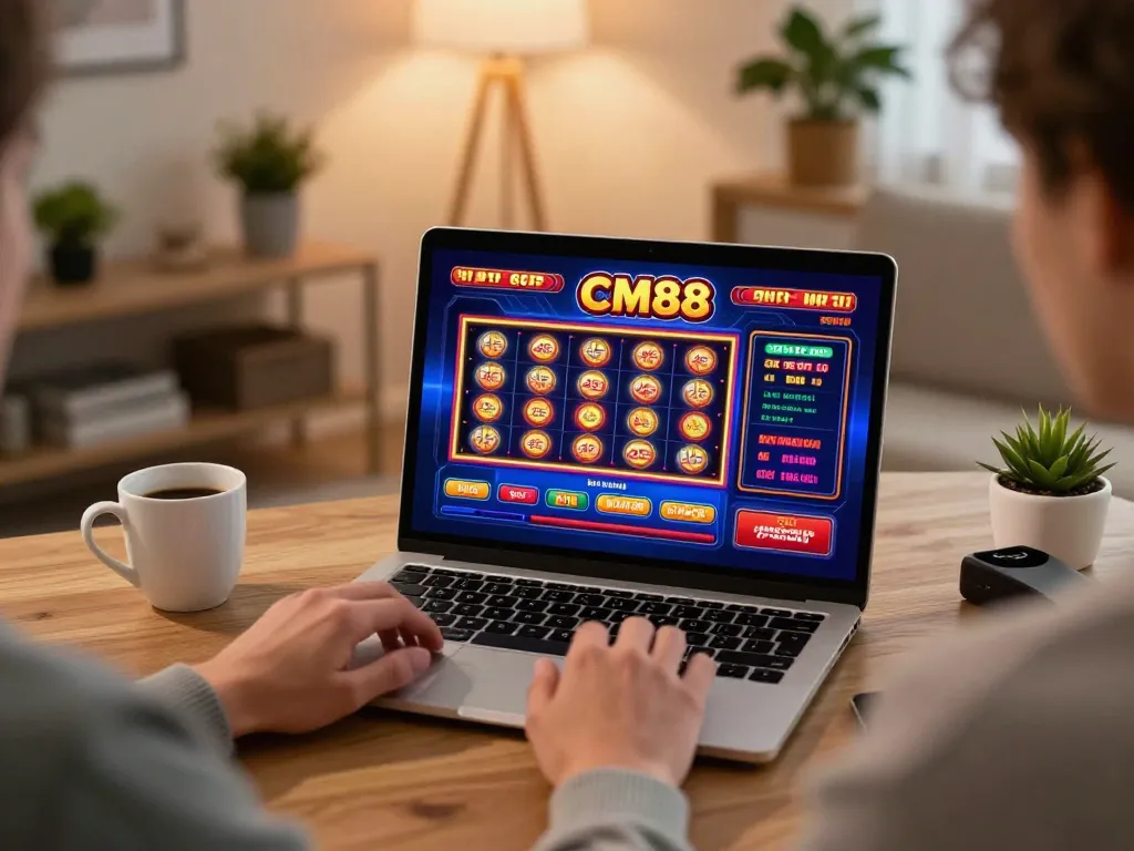 Engaging online gaming session at CM88 with user enjoying slot games on a laptop at home.