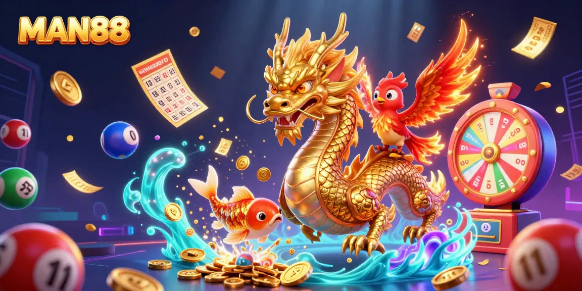 Experience the excitement of MAN88 with a golden dragon and fiery phoenix amidst vibrant casino elements.