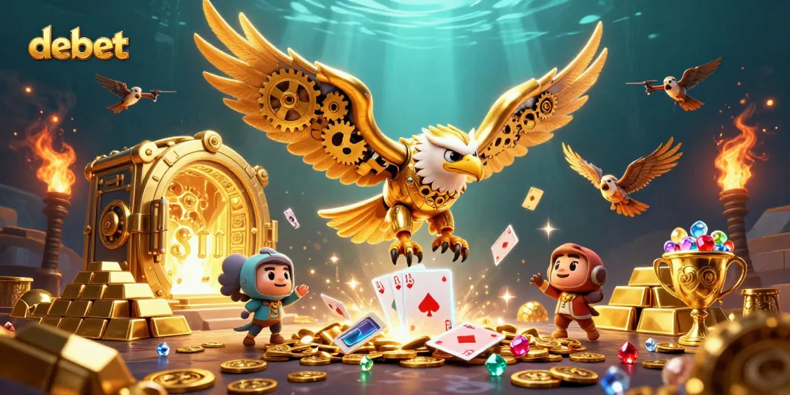 Join the debet game with a dynamic scene of a golden eagle diving through poker cards, embodying casino excitement.