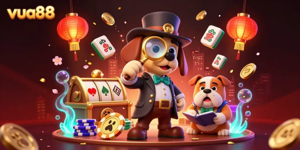 Experience the excitement of vua88 with a detective dog and treasures in a vibrant casino scene.
