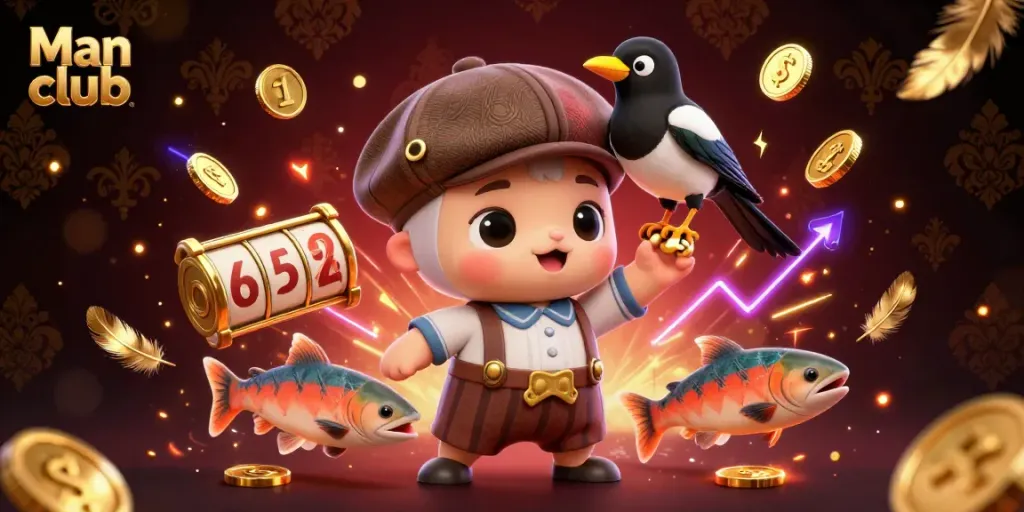 Engage in gaming excitement at Man club with a vibrant, fun illustration featuring a playful baby Nessie and casino elements.