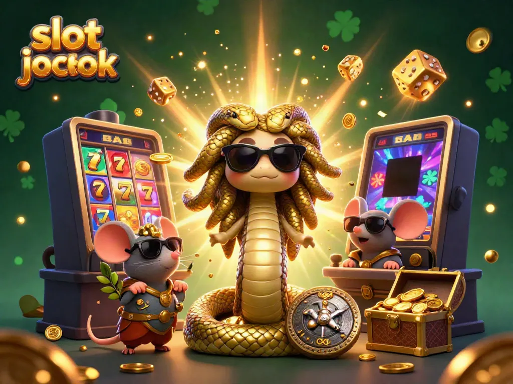 Experience the thrill of slot jackpots with Medusa and a warrior mouse amidst an explosive casino scene.