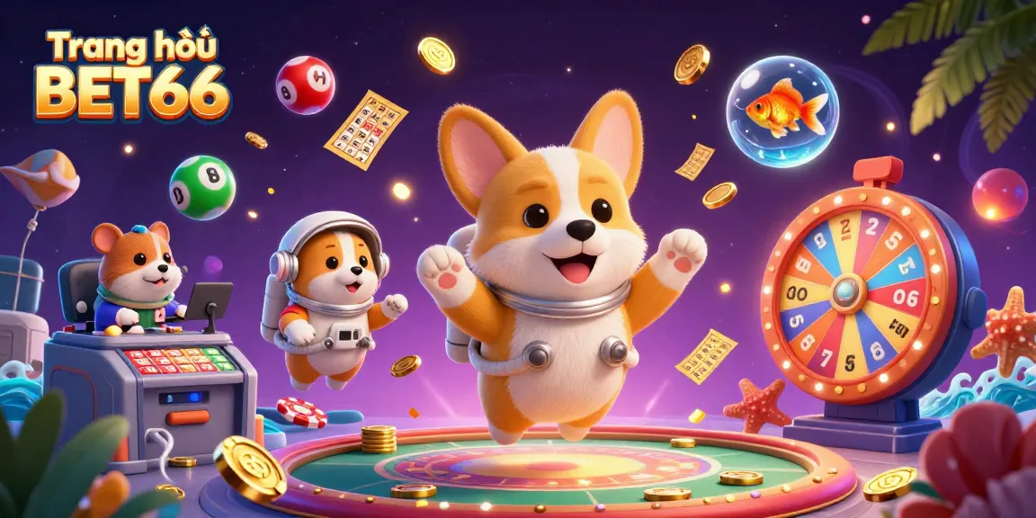 Experience gaming excitement with Trang chủ BET66 featuring a colorful floating casino scene filled with dynamic characters and elements.